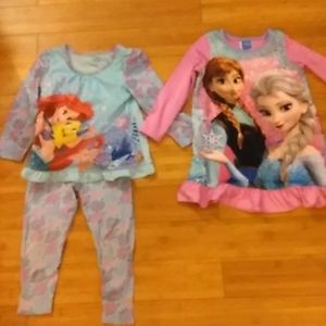 Girls Little Mermaid 2 piece pajama and Girls Frozen l9ng sleeve nightgown